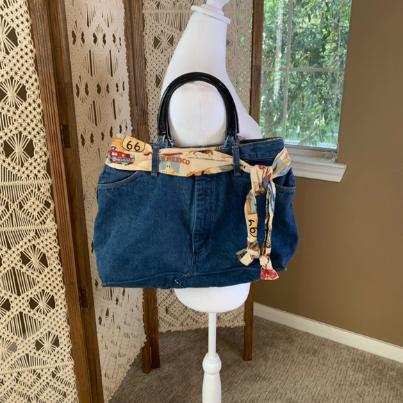 Vintage Handmade Womens Denim Purse Handbag Bow Lined Route 66 18x11” - Picture 4 of 13